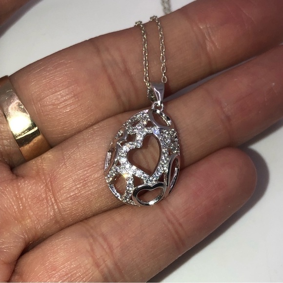 Sterling Silver & Cz Heart Egg Shaped Pendant w Chain / 16” + 1” Pendant - Picture 6 of 10